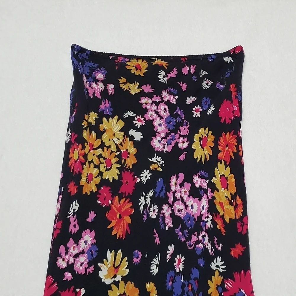 90s-Y2K Vintage Retro Express Silk Chiffon Black Multi-color Floral Midi Skirt S - Picture 9 of 13